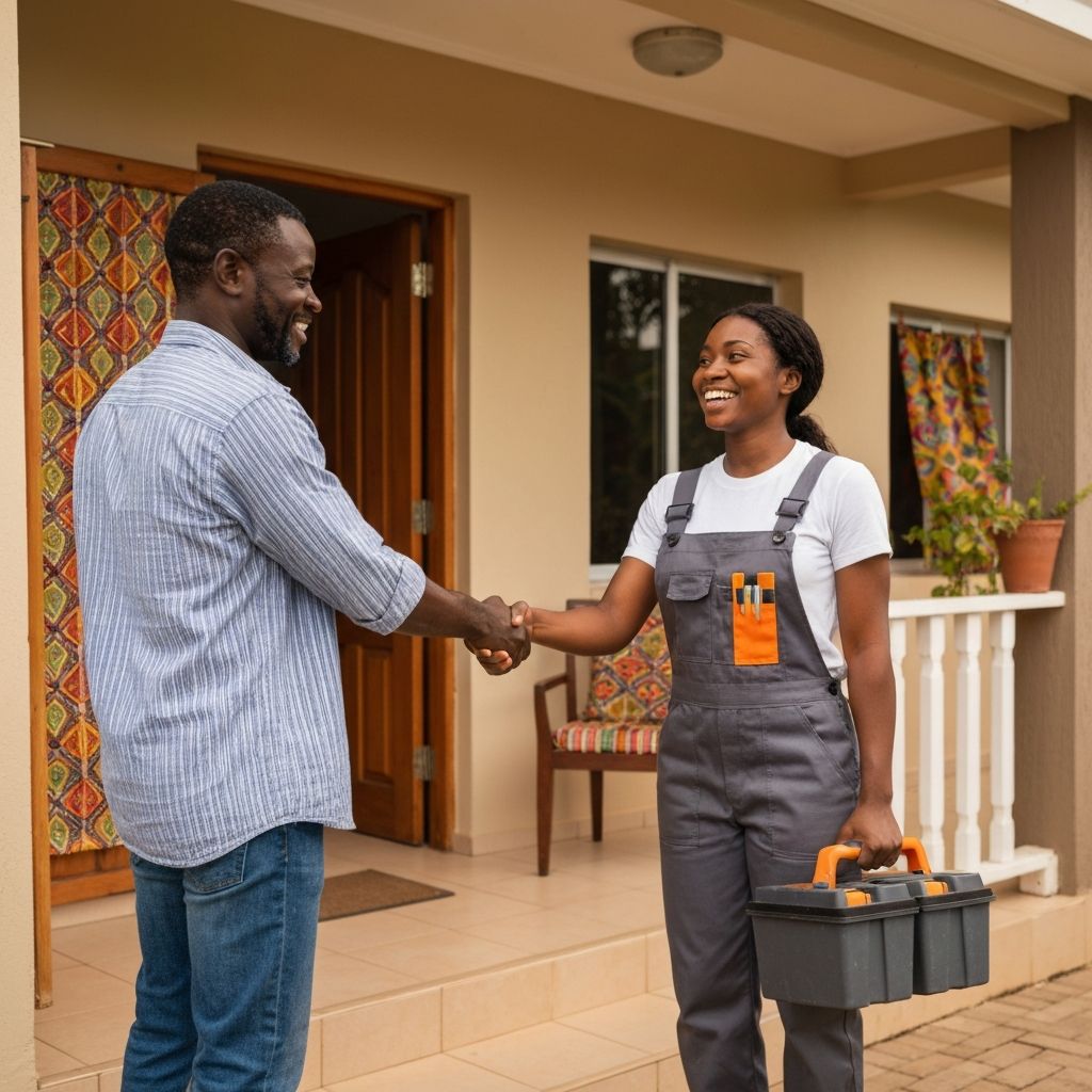 Client ivoirien accueillant un artisan a sa porte