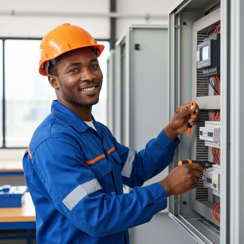 Electricien professionnel travaillant sur un tableau electrique